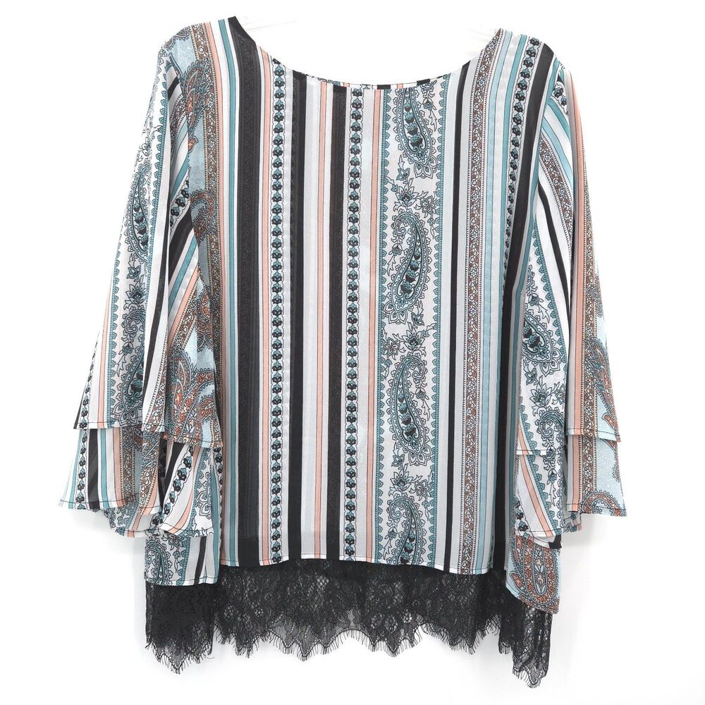 Chico's paisley stripe chiffon lace trim tunic top Size 3 (XL) flare sleeve